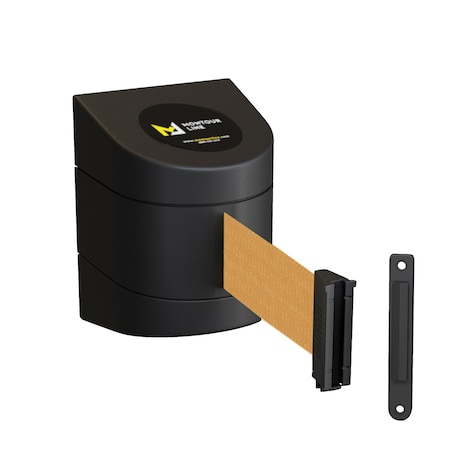 Montour Line Retractable Belt Barrier Black Fixed Wall Mount 9' Brown Belt (F) WMX140-BK-BN-F-S-90